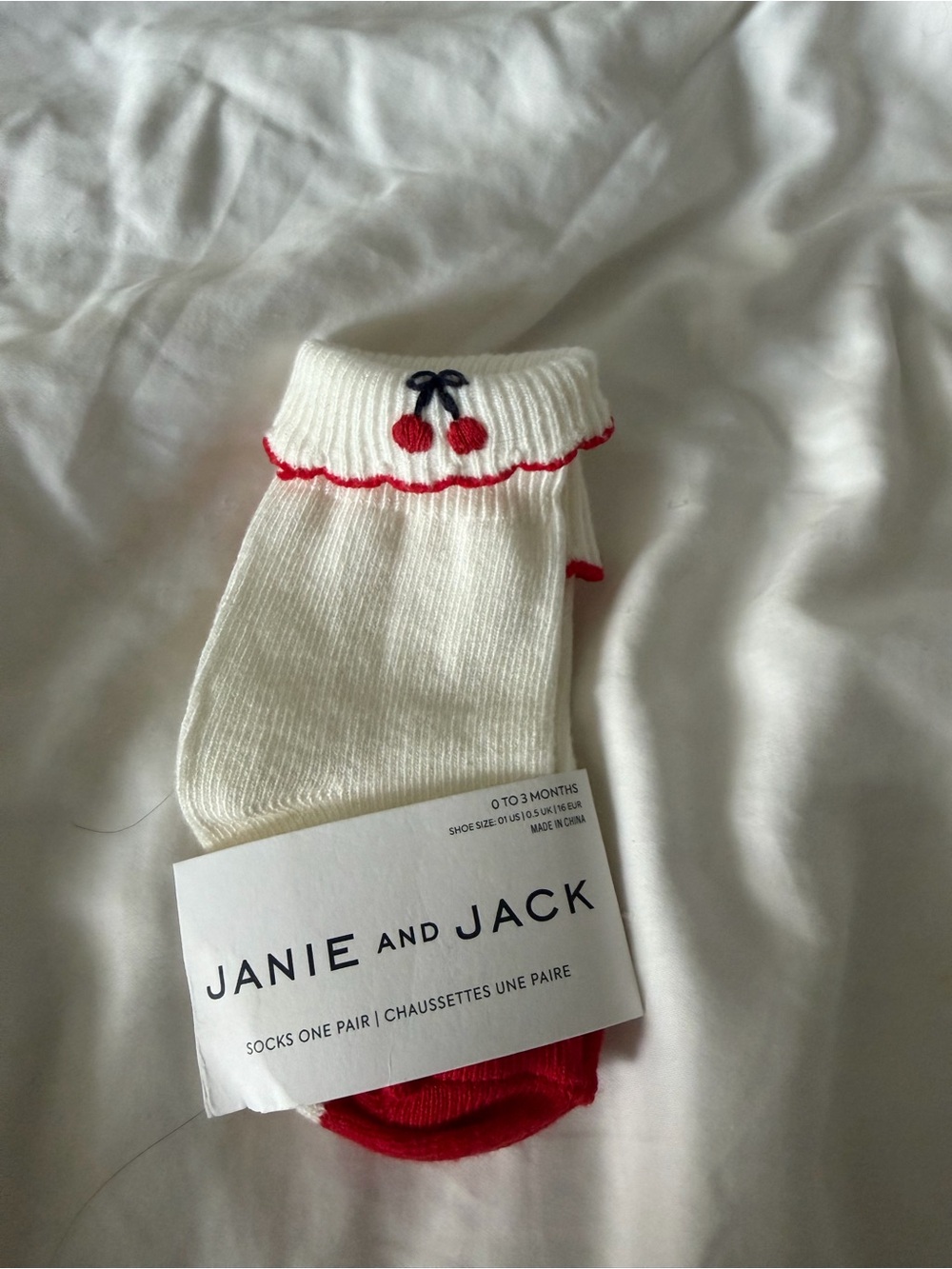 Janie and Jack Cream Baby Socks with Red Cherry Embroidery